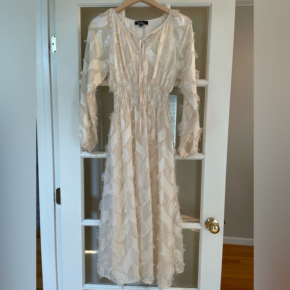Lulu’s Satin Cream Fringe Midi Dress